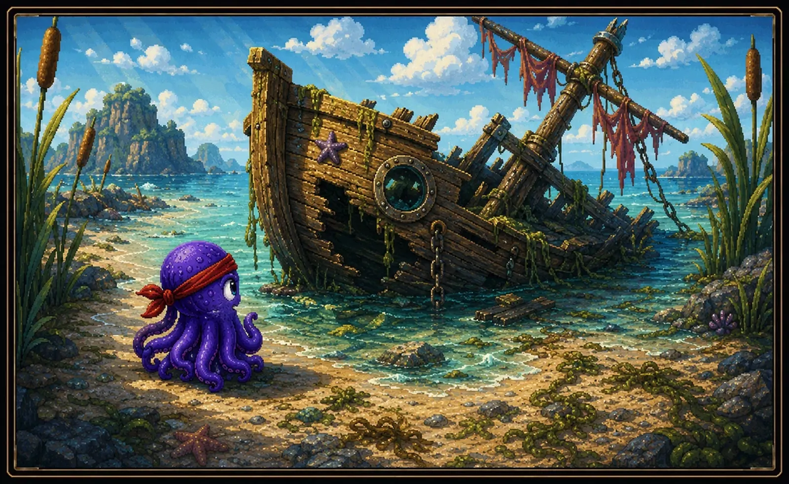 Comicblatt: Craic, ein lila Oktopus mit rotem Kopftuch, findet ein gestrandetes Schiffswrack in der sonnigen Untiefe.