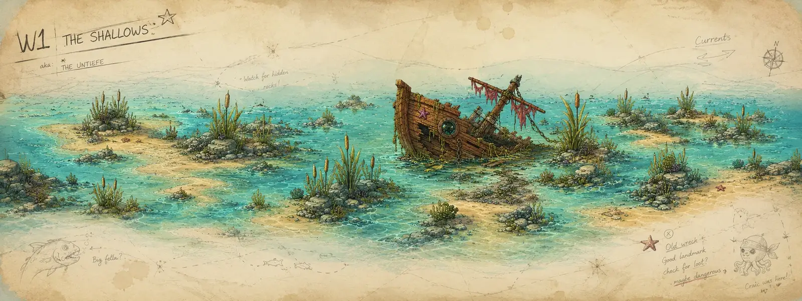 Handgezeichnete Pergamentkarte der Welt 1, „The Shallows